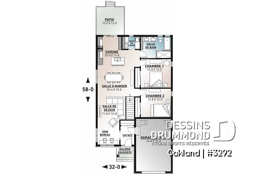 Rez-de-chaussée - Plan de maison pour terrain étroit, 2 chambres, garage, salon spacieux, coin bureau, buanderie - Oakland