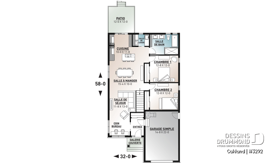 Rez-de-chaussée - Plan de maison pour terrain étroit, 2 chambres, garage, salon spacieux, coin bureau, buanderie - Oakland