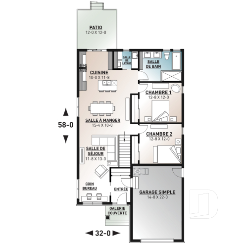 Rez-de-chaussée - Plan de maison pour terrain étroit, 2 chambres, garage, salon spacieux, coin bureau, buanderie - Oakland