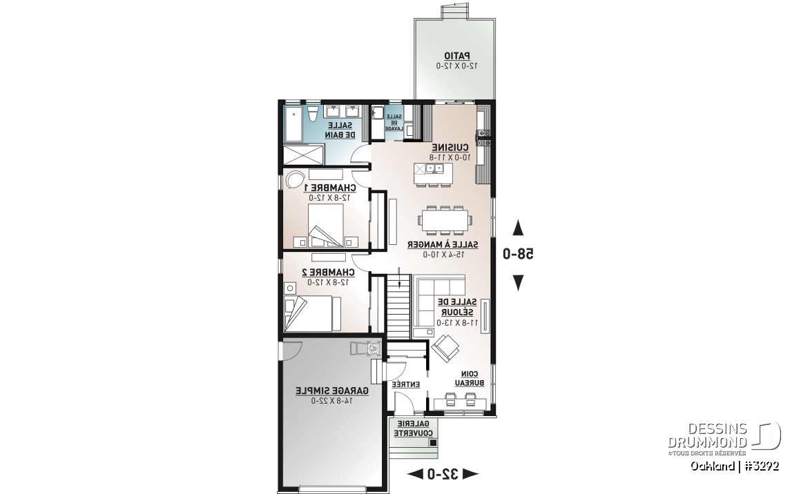 Rez-de-chaussée - Plan de maison pour terrain étroit, 2 chambres, garage, salon spacieux, coin bureau, buanderie - Oakland