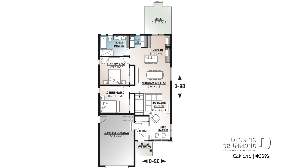 Rez-de-chaussée - Plan de maison pour terrain étroit, 2 chambres, garage, salon spacieux, coin bureau, buanderie - Oakland