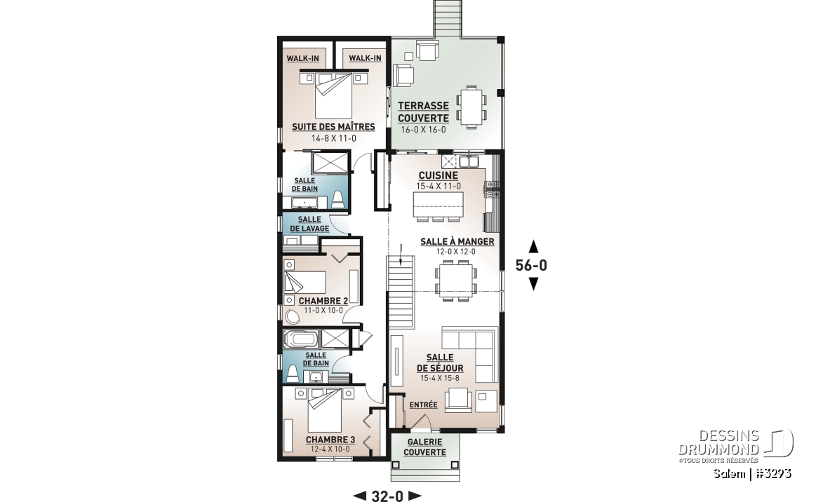 Rez-de-chaussée - Plan maison terrain étroit, grand patio abrité, salle de bain privée, 2 walk-ins, îlot à la cuisine, cathédral - Salem