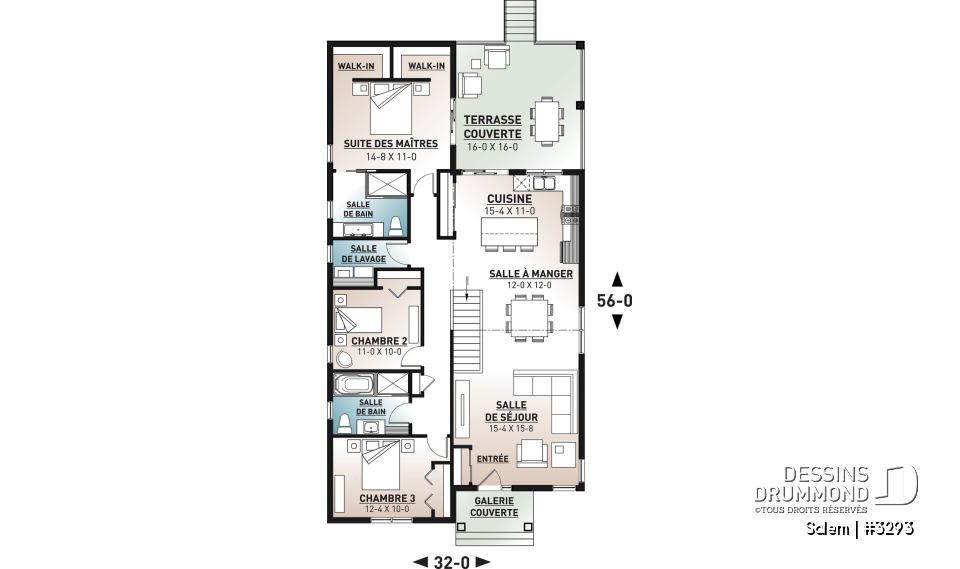 Rez-de-chaussée - Plan maison terrain étroit, grand patio abrité, salle de bain privée, 2 walk-ins, îlot à la cuisine, cathédral - Salem