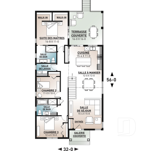 Rez-de-chaussée - Plan maison terrain étroit, grand patio abrité, salle de bain privée, 2 walk-ins, îlot à la cuisine, cathédral - Salem
