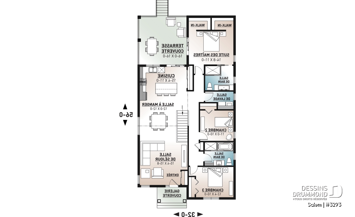 Rez-de-chaussée - Plan maison terrain étroit, grand patio abrité, salle de bain privée, 2 walk-ins, îlot à la cuisine, cathédral - Salem
