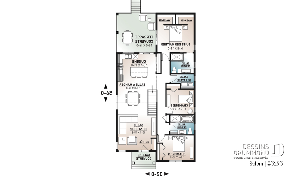 Rez-de-chaussée - Plan maison terrain étroit, grand patio abrité, salle de bain privée, 2 walk-ins, îlot à la cuisine, cathédral - Salem