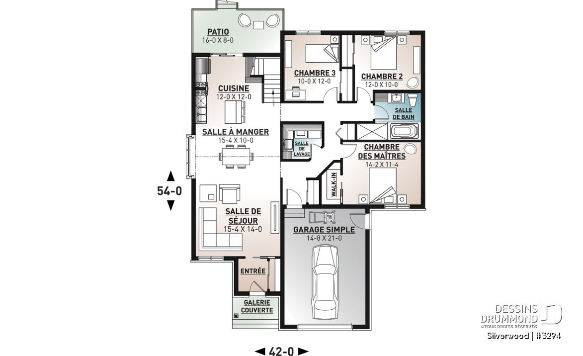 Rez-de-chaussée - Plan de plain-pied 3 chambres avec garage, salle de lavage au r-d-c, plafond cathedrale salon et salle à manger - Silverwood