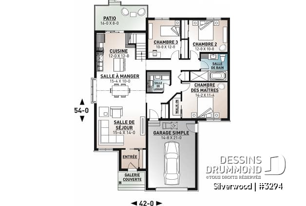 Rez-de-chaussée - Plan de plain-pied 3 chambres avec garage, salle de lavage au r-d-c, plafond cathedral salon et salle à manger - Silverwood