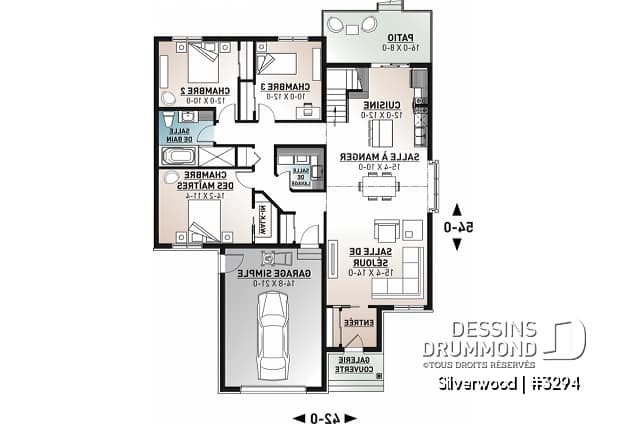Rez-de-chaussée - Plan de plain-pied 3 chambres avec garage, salle de lavage au r-d-c, plafond cathedral salon et salle à manger - Silverwood