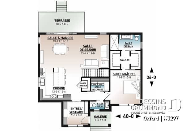 Rez-de-chaussée - Plan de bungalow 1 chambre avec toit en pente de style contemporain rustique, aire ouverte, vestiaire - Oxford