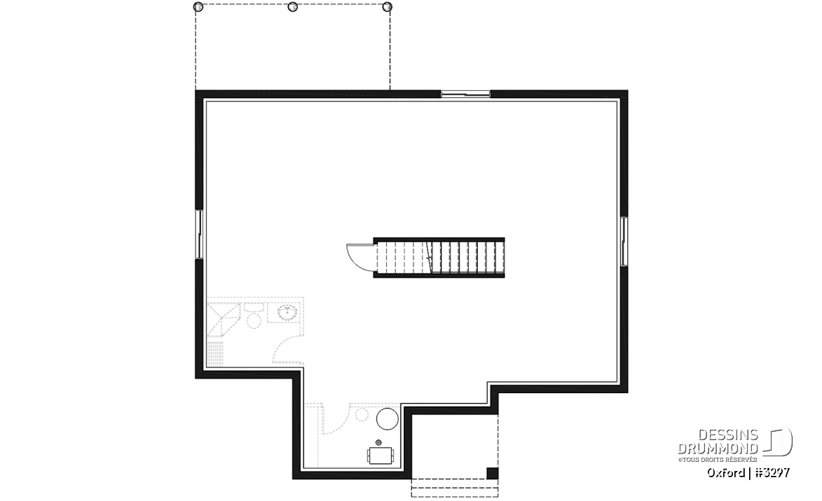 Sous-sol - Plan de bungalow 1 chambre avec toit en pente de style contemporain rustique, aire ouverte, vestiaire - Oxford