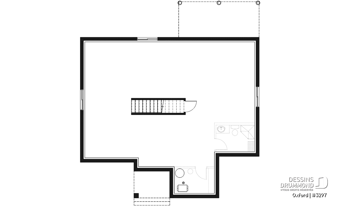 Sous-sol - Plan de bungalow 1 chambre avec toit en pente de style contemporain rustique, aire ouverte, vestiaire - Oxford