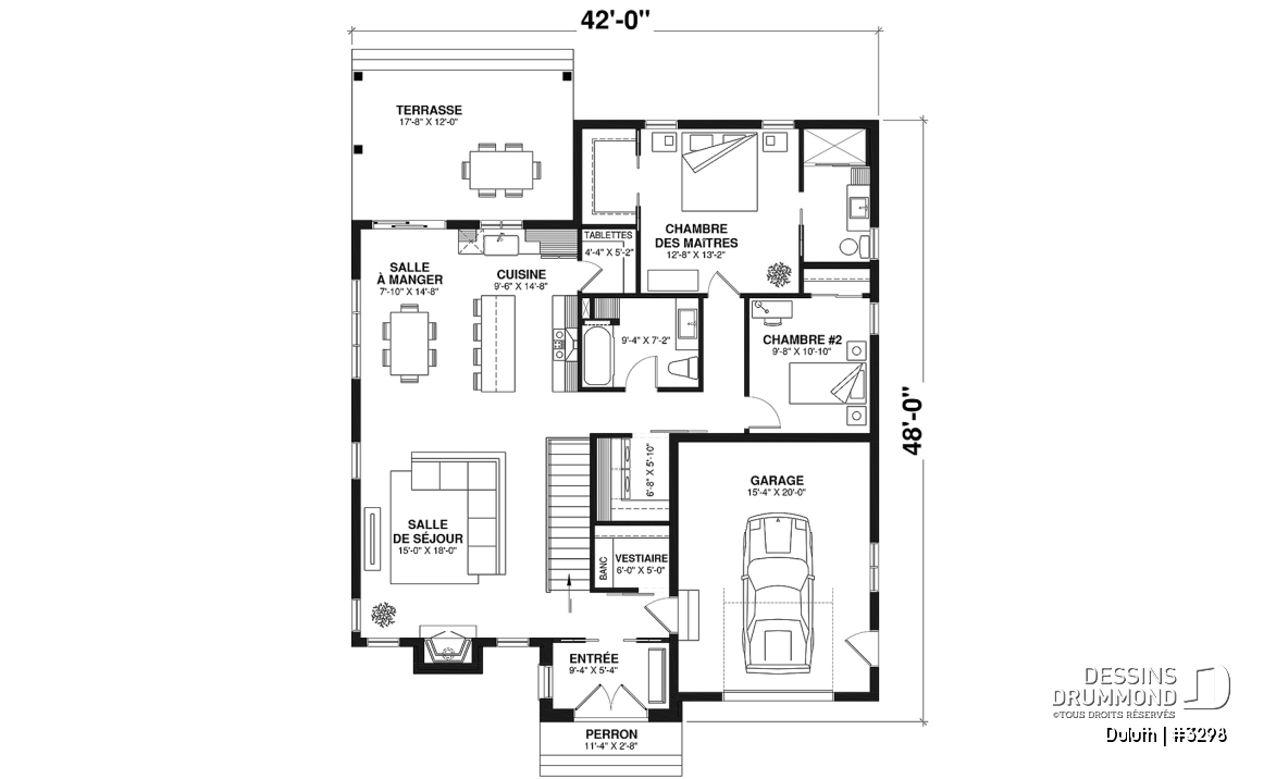 Rez-de-chaussée - Plan maison farmhouse plain-pied, 2 chambres, 2 s.bain, salle lavage au rec, garde-manger, suite parentale - Duluth