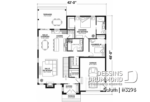 Rez-de-chaussée - Plan maison farmhouse plain-pied, 2 chambres, 2 s.bain, salle lavage au rec, garde-manger, suite parentale - Duluth