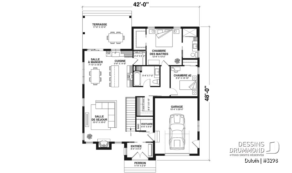 Rez-de-chaussée - Plan maison farmhouse plain-pied, 2 chambres, 2 s.bain, salle lavage au rec, garde-manger, suite parentale - Duluth