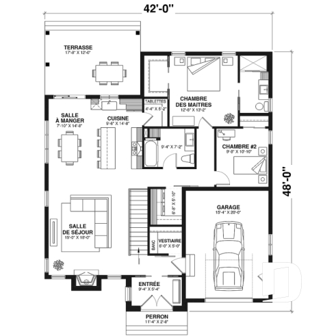 Rez-de-chaussée - Plan maison farmhouse plain-pied, 2 chambres, 2 s.bain, salle lavage au rec, garde-manger, suite parentale - Duluth