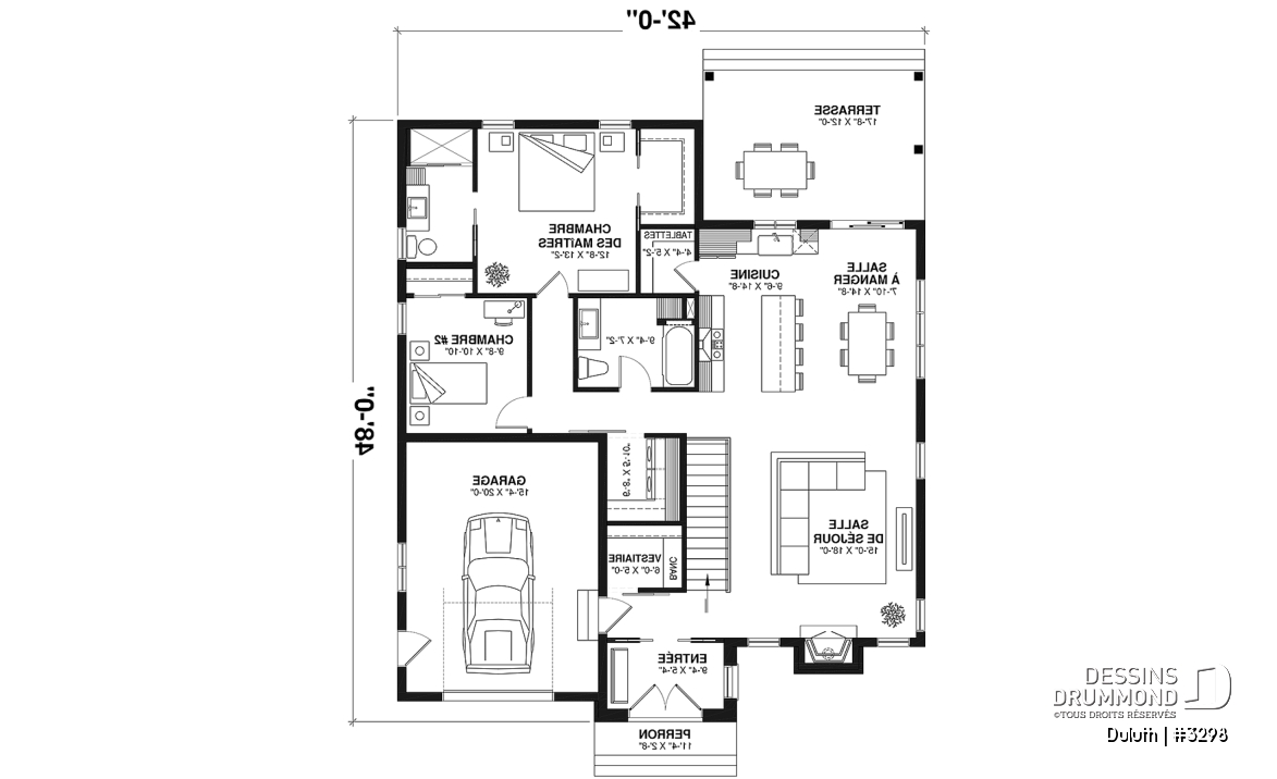 Rez-de-chaussée - Plan maison farmhouse plain-pied, 2 chambres, 2 s.bain, salle lavage au rec, garde-manger, suite parentale - Duluth