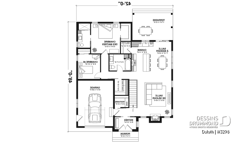 Rez-de-chaussée - Plan maison farmhouse plain-pied, 2 chambres, 2 s.bain, salle lavage au rec, garde-manger, suite parentale - Duluth