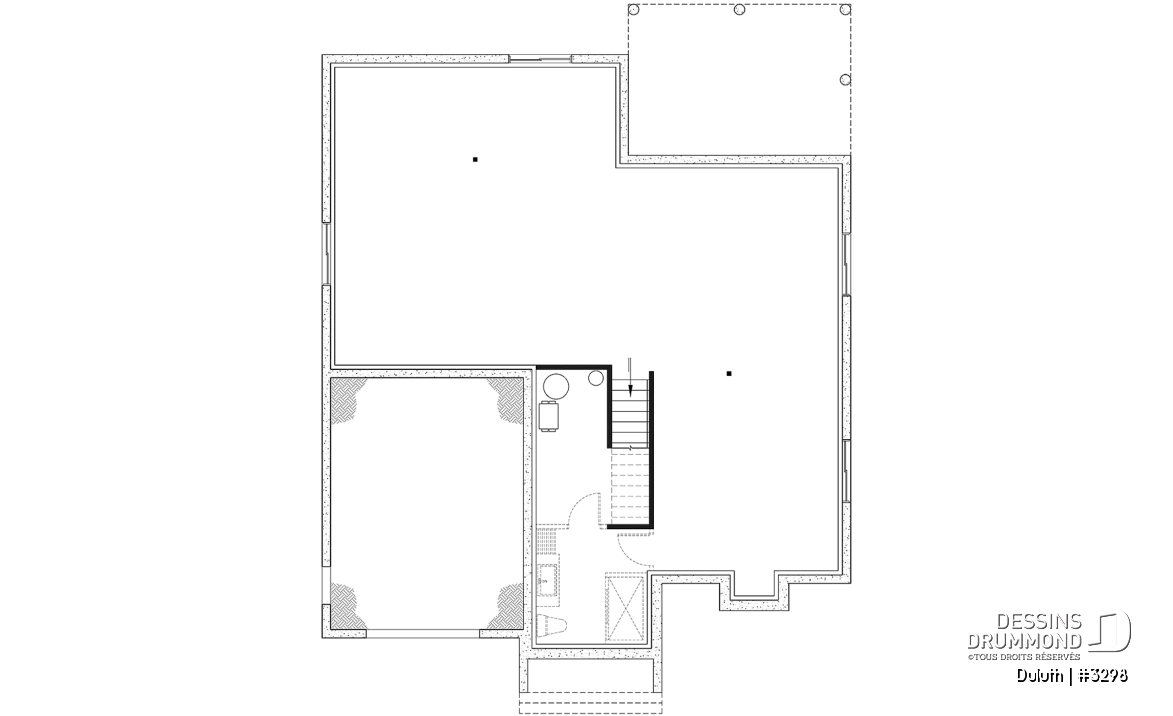 Sous-sol - Plan maison farmhouse plain-pied, 2 chambres, 2 s.bain, salle lavage au rec, garde-manger, suite parentale - Duluth