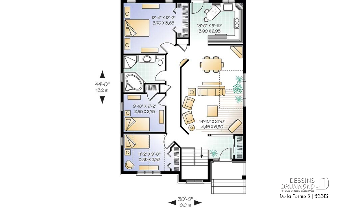 Rez-de-chaussée - Plan de bungalow style craftsman, 3 chambres au rez-de-chaussée, chambre des maîtres avec grand walk-in - De la Ferme 2