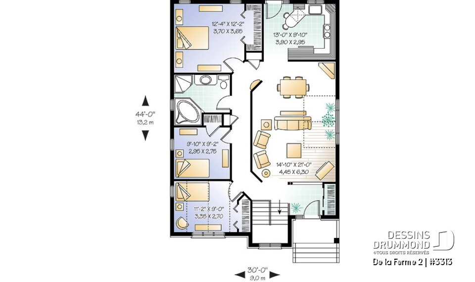 Rez-de-chaussée - Plan de bungalow style craftsman, 3 chambres au rez-de-chaussée, chambre des maîtres avec grand walk-in - De la Ferme 2