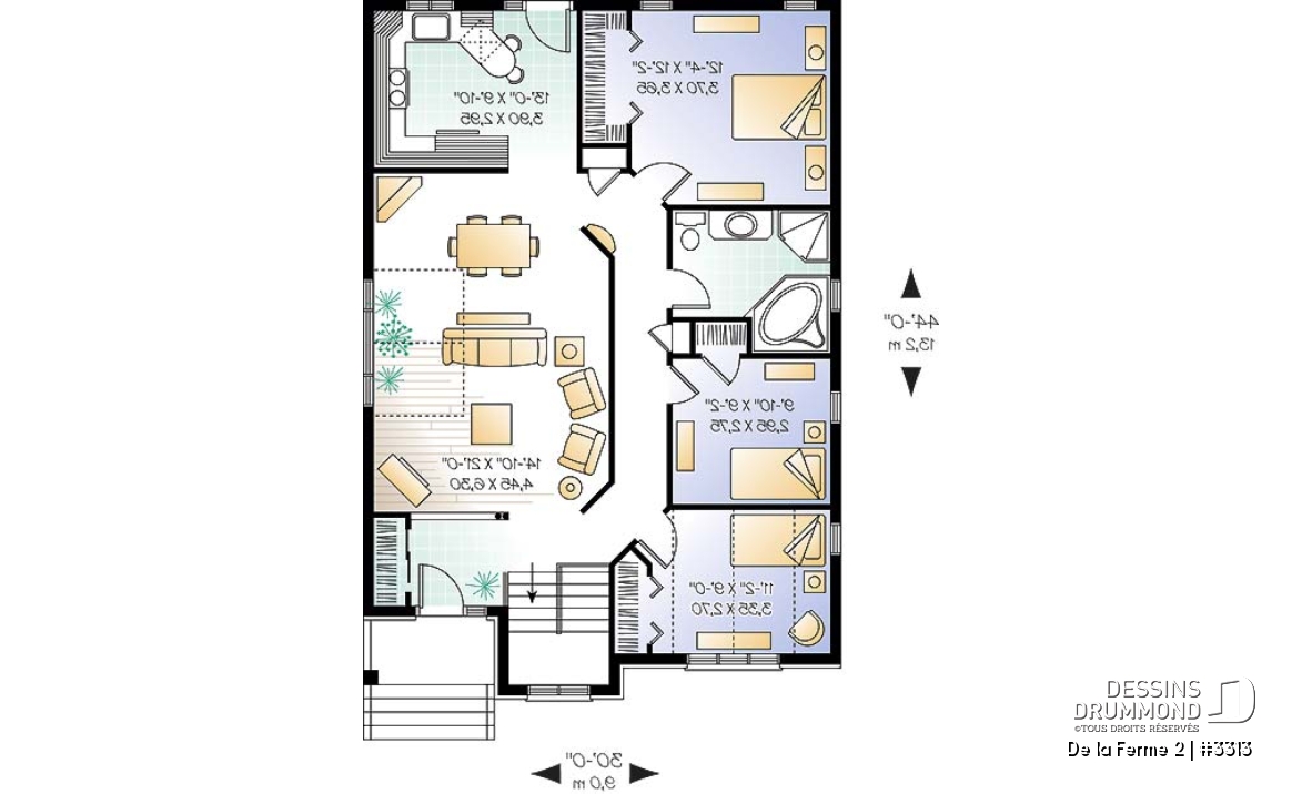 Rez-de-chaussée - Plan de bungalow style craftsman, 3 chambres au rez-de-chaussée, chambre des maîtres avec grand walk-in - De la Ferme 2