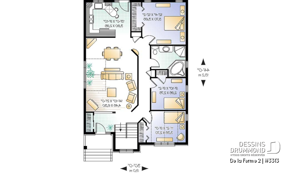 Rez-de-chaussée - Plan de bungalow style craftsman, 3 chambres au rez-de-chaussée, chambre des maîtres avec grand walk-in - De la Ferme 2