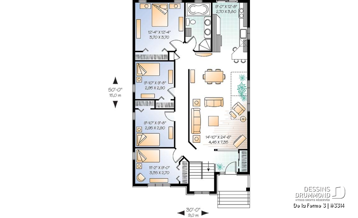 Rez-de-chaussée - Plain-pied de 4 chambres au rez-de-chaussée, cuisine avec comptoir-lunch, espace ouvert, pour terrain étroit - De la Ferme 3