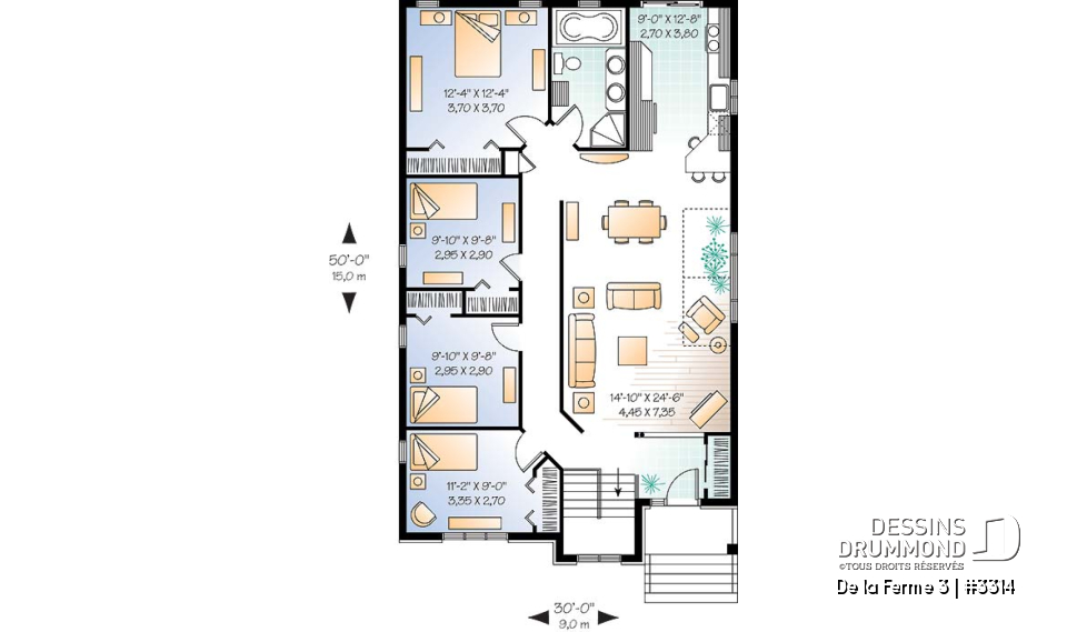 Rez-de-chaussée - Plain-pied de 4 chambres au rez-de-chaussée, cuisine avec comptoir-lunch, espace ouvert, pour terrain étroit - De la Ferme 3