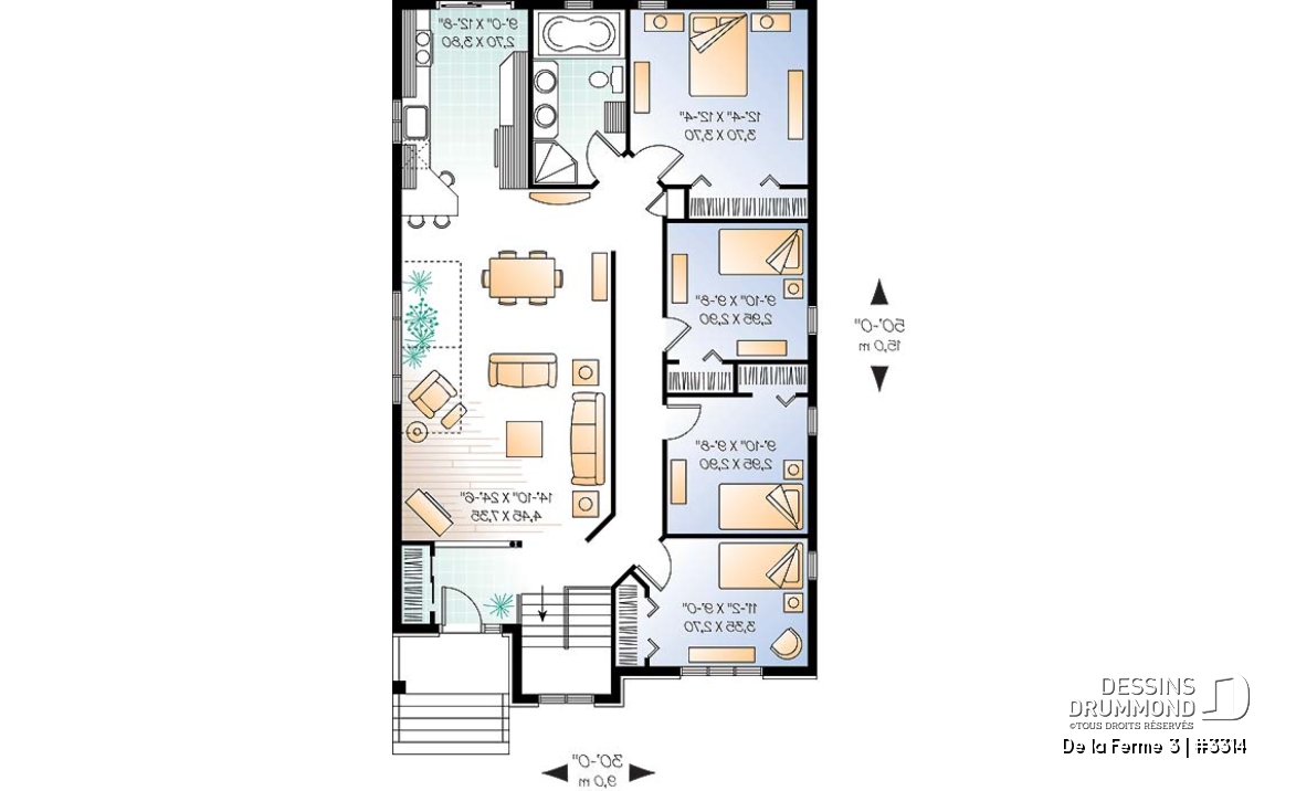 Rez-de-chaussée - Plain-pied de 4 chambres au rez-de-chaussée, cuisine avec comptoir-lunch, espace ouvert, pour terrain étroit - De la Ferme 3