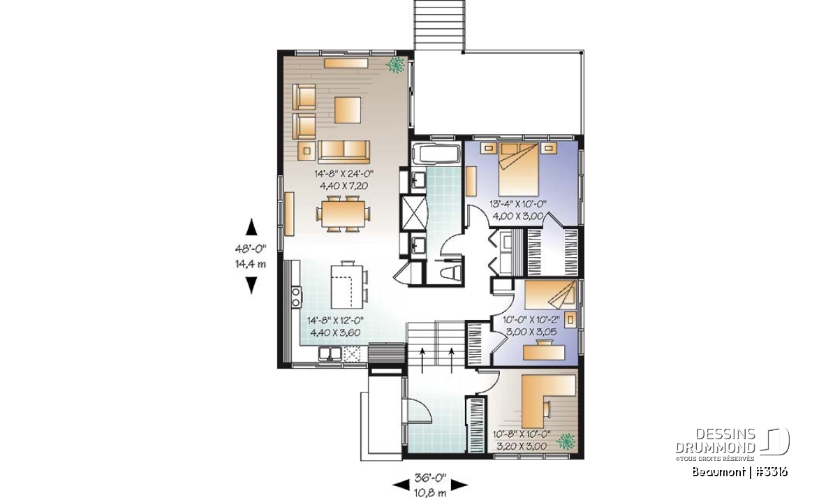 Rez-de-chaussée - Plan d'un plain-pied moderne cubique avec bureau à domicile et 2 chambres et grande terrasse abritée - Beaumont