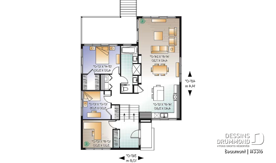 Rez-de-chaussée - Plan d'un plain-pied moderne cubique avec bureau à domicile et 2 chambres et grande terrasse abritée - Beaumont