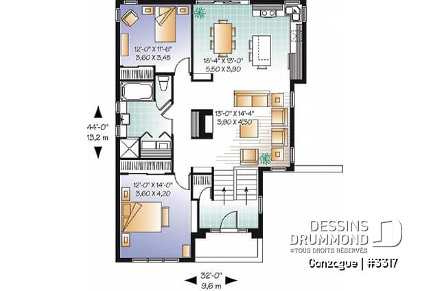 Rez-de-chaussée - Plan de plain-pied moderne cubique, salle séjour avec foyer central, 2 chambres, entrée split - Gonzague