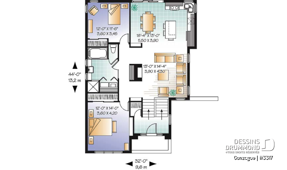 Rez-de-chaussée - Plan de plain-pied moderne cubique, salle séjour avec foyer central, 2 chambres, entrée split - Gonzague