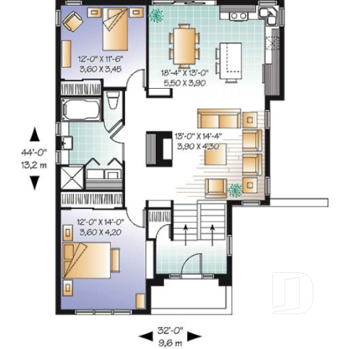 Rez-de-chaussée - Plan de plain-pied moderne cubique, salle séjour avec foyer central, 2 chambres, entrée split - Gonzague
