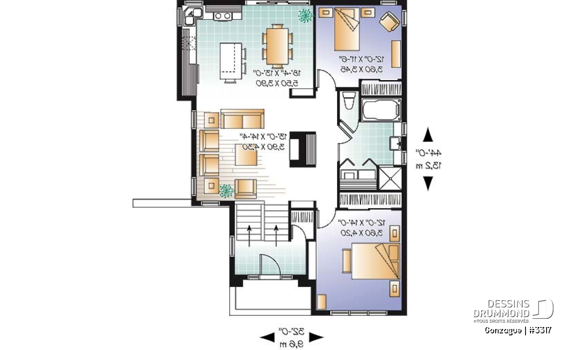 Rez-de-chaussée - Plan de plain-pied moderne cubique, salle séjour avec foyer central, 2 chambres, entrée split - Gonzague