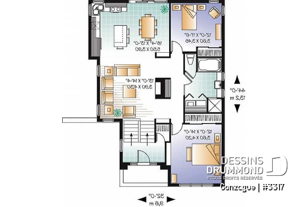 Rez-de-chaussée - Plan de plain-pied moderne cubique, salle séjour avec foyer central, 2 chambres, entrée split - Gonzague