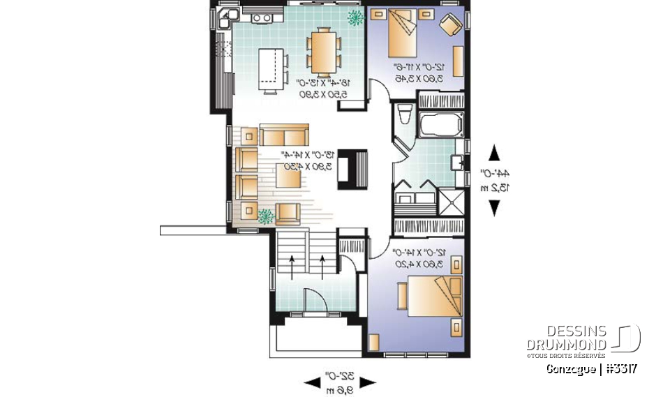 Rez-de-chaussée - Plan de plain-pied moderne cubique, salle séjour avec foyer central, 2 chambres, entrée split - Gonzague