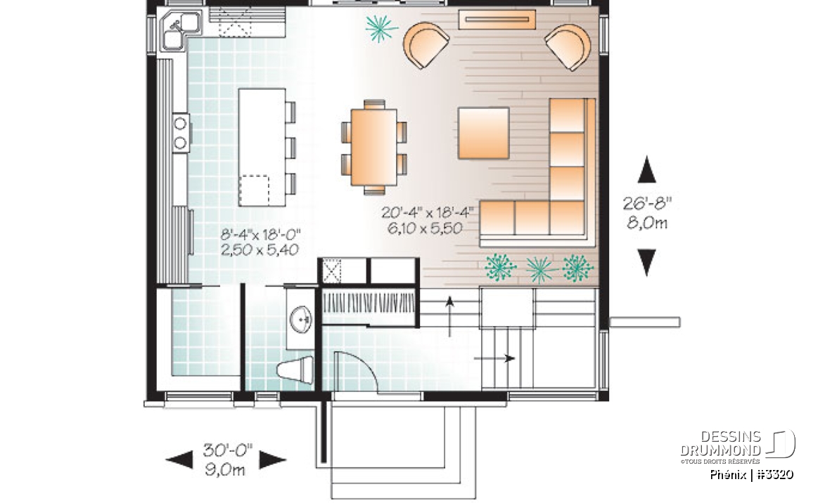 Rez-de-chaussée - Plan de maison contemporaine lumineuse, petit budget, 3 chambres, garde-manger, grande douche - Phénix