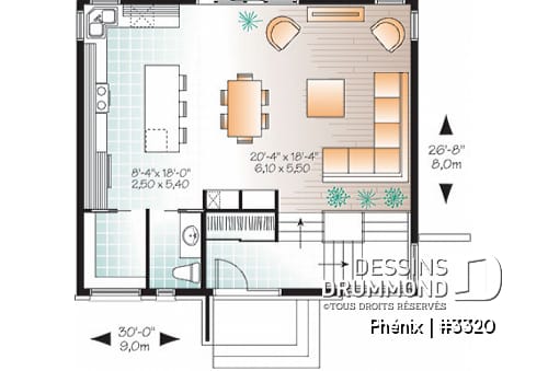 Rez-de-chaussée - Plan de maison contemporaine lumineuse, petit budget, 3 chambres, garde-manger, grande douche - Phénix