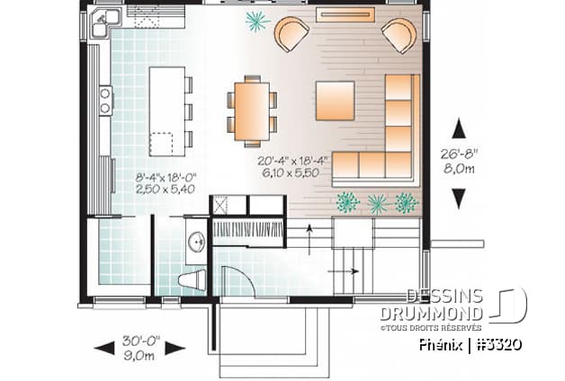 Rez-de-chaussée - Plan de maison contemporaine lumineuse, petit budget, 3 chambres, garde-manger, grande douche - Phénix