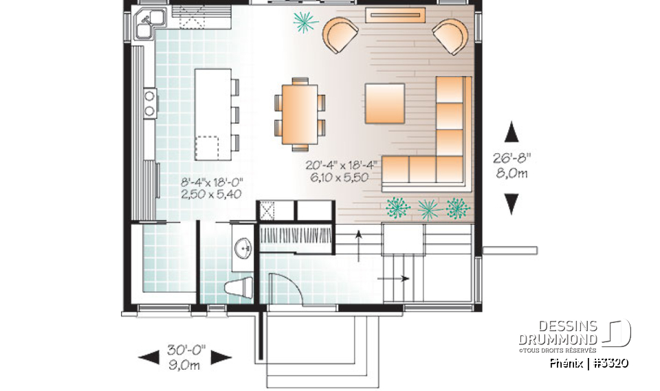 Rez-de-chaussée - Plan de maison contemporaine lumineuse, petit budget, 3 chambres, garde-manger, grande douche - Phénix
