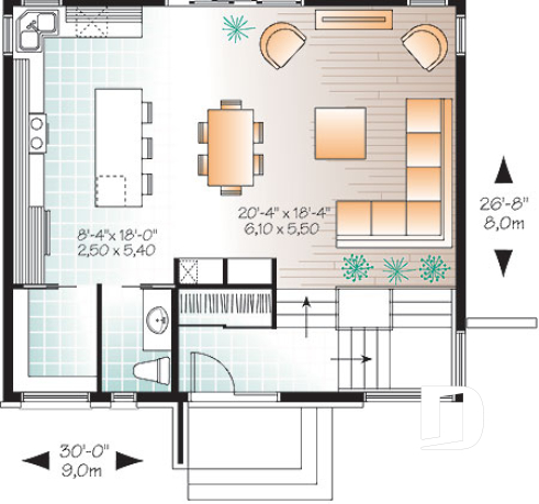Rez-de-chaussée - Plan de maison contemporaine lumineuse, petit budget, 3 chambres, garde-manger, grande douche - Phénix