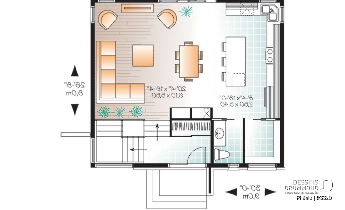 Rez-de-chaussée - Plan de maison contemporaine lumineuse, petit budget, 3 chambres, garde-manger, grande douche - Phénix
