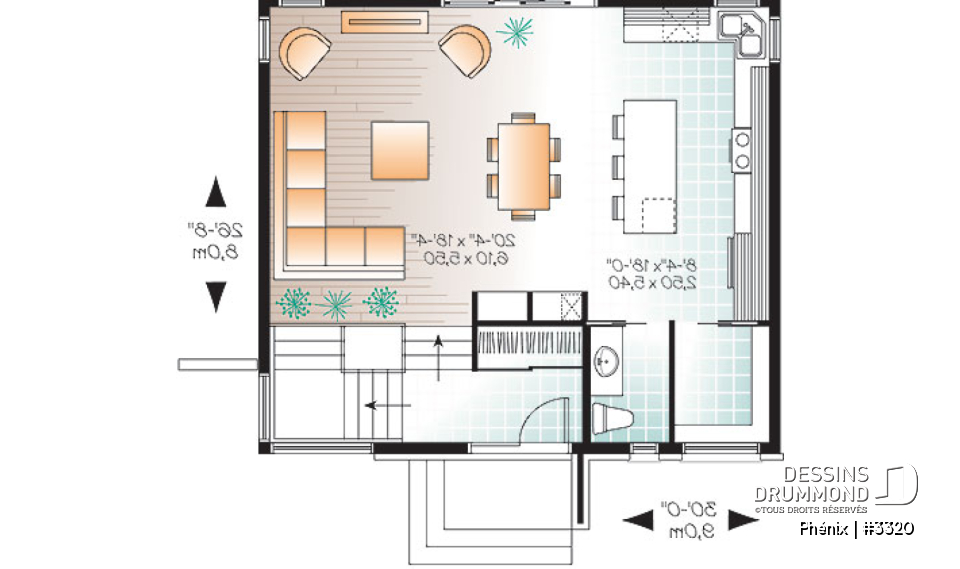 Rez-de-chaussée - Plan de maison contemporaine lumineuse, petit budget, 3 chambres, garde-manger, grande douche - Phénix