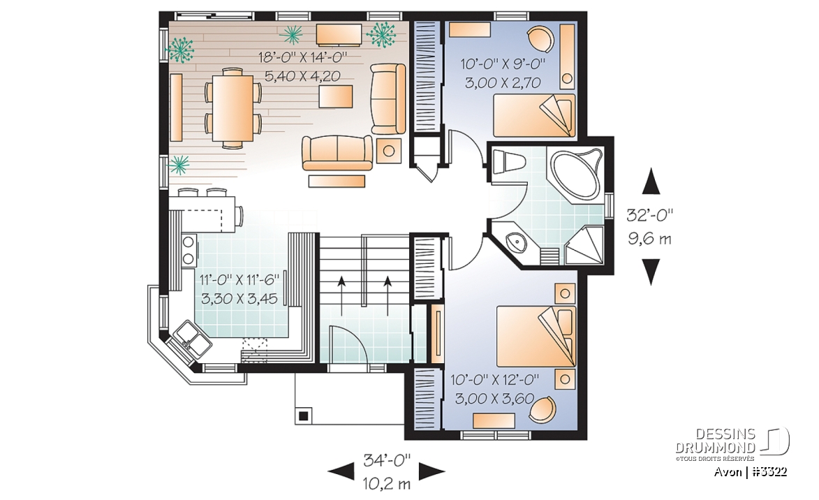 Rez-de-chaussée - Plan de maison de type split level économique, 2 chambres, style américain, grande cuisine  - Avon