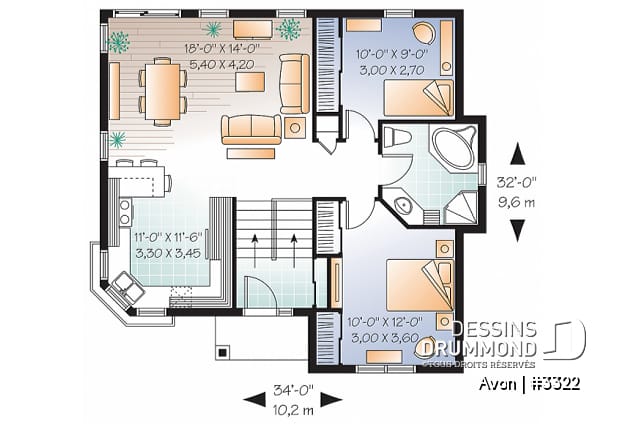 Rez-de-chaussée - Plan de maison de type split level économique, 2 chambres, style américain, grande cuisine  - Avon