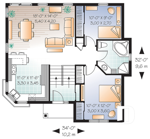 Rez-de-chaussée - Plan de maison de type split level économique, 2 chambres, style américain, grande cuisine  - Avon