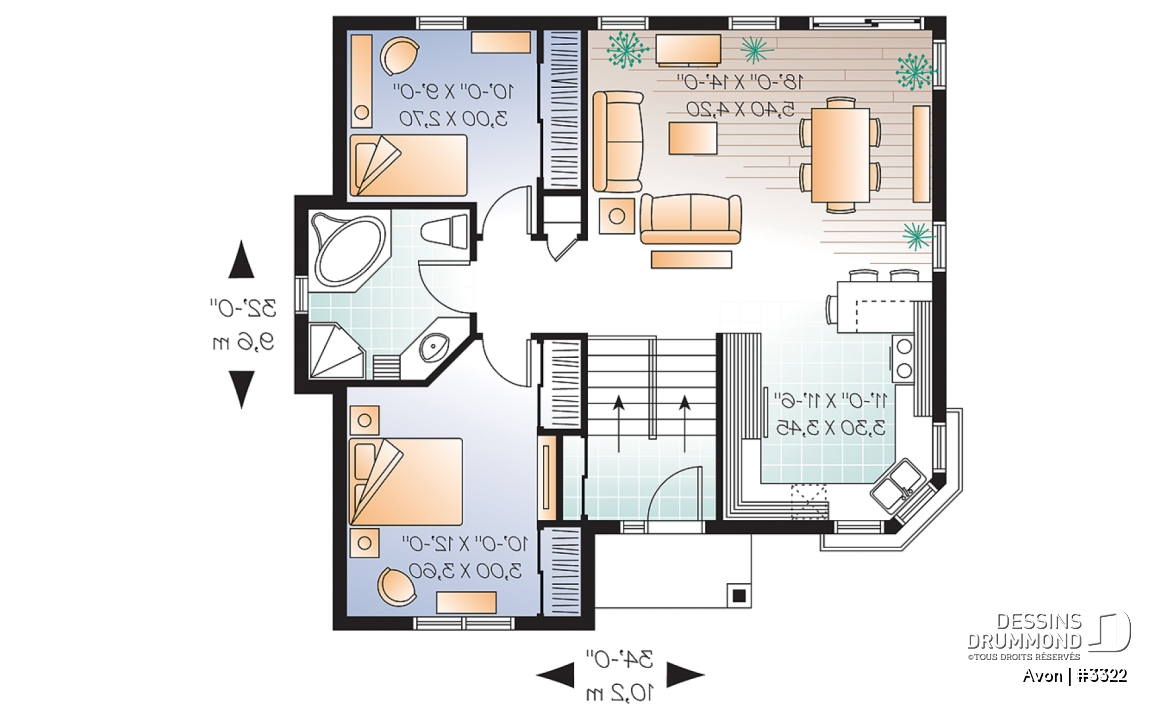 Rez-de-chaussée - Plan de maison de type split level économique, 2 chambres, style américain, grande cuisine  - Avon