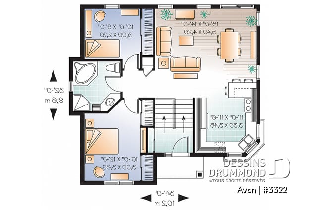 Rez-de-chaussée - Plan de maison de type split level économique, 2 chambres, style américain, grande cuisine  - Avon